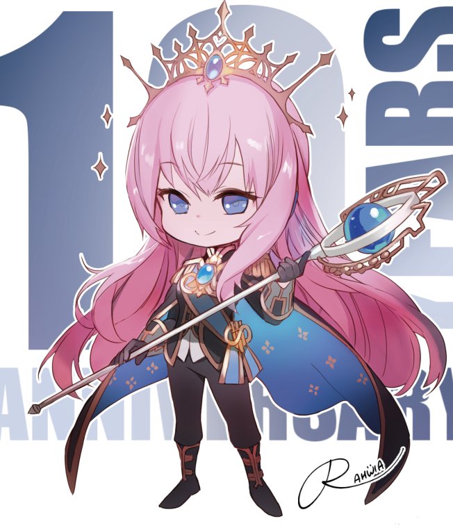 1girl anniversary blue_eyes boots cape chibi closed_mouth crown epaulettes eyelashes full_body holding long_hair megurine_luka pink_hair rahwia scepter signature simple_background vocaloid white_background