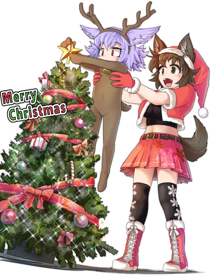 :d animal_costume animal_ears ankle_boots antlers black_legwear boots brown_hair christmas christmas_lights christmas_tree cross-laced_footwear dog_child_(doitsuken) dog_ears dog_girl_(doitsuken) dog_tail doitsuken ears_down eyebrows_visible_through_hair fur-trimmed_boots fur-trimmed_headwear fur-trimmed_vest fur_trim glint hat holding longcat open_mouth original pleated_skirt red_footwear red_headwear red_skirt red_vest reindeer_antlers reindeer_costume santa_costume santa_hat short_hair simple_background skirt smile tail thigh-highs vest white_background