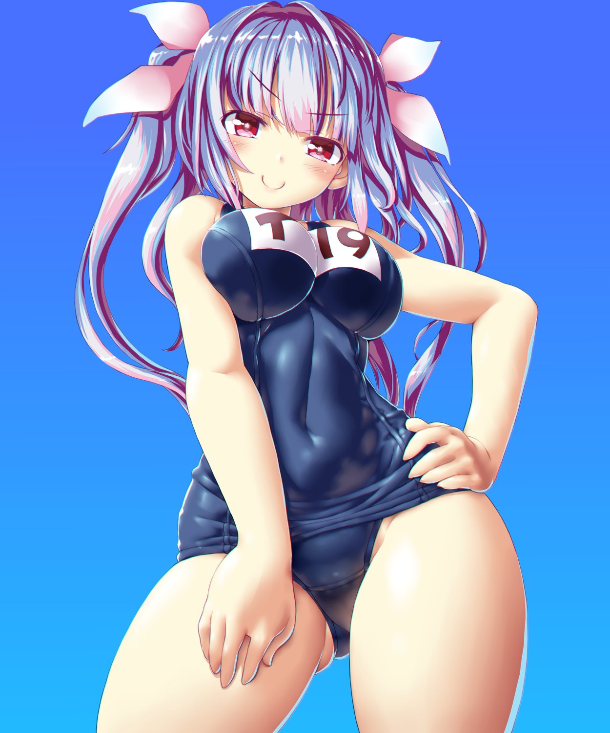 1girl blue_hair breasts cowboy_shot dd_(ijigendd) hair_ribbon hand_on_hip highres i-19_(kantai_collection) kantai_collection large_breasts long_hair name_tag one-piece_swimsuit red_eyes ribbon school_swimsuit smile solo star star-shaped_pupils swimsuit symbol-shaped_pupils tri_tails