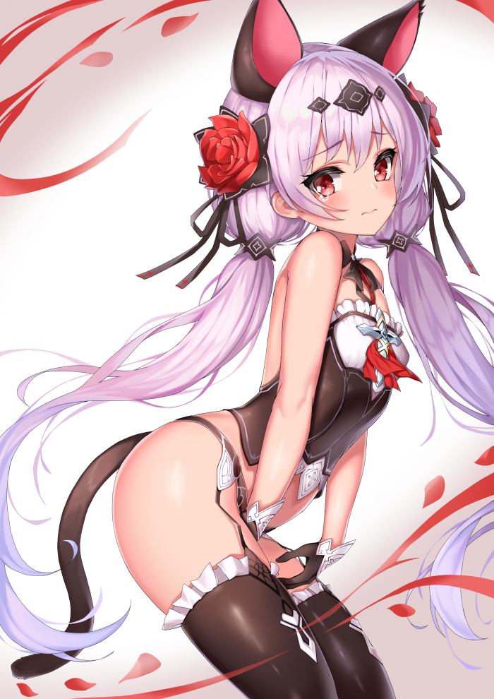 1girl animal_ears bare_shoulders between_legs black_gloves black_legwear black_panties black_ribbon blush cat_ears cat_tail commentary_request crop_top ehart fake_animal_ears fake_tail flower frilled_legwear garter_straps gloves hair_flower hair_ornament hair_ribbon hand_between_legs honkai_(series) honkai_impact_3rd kemonomimi_mode long_hair panties petals red_eyes red_flower red_rose ribbon rose silver_hair solo tail tearing_up theresa_apocalypse theresa_apocalypse_(luna_kindred) thigh-highs twintails underwear very_long_hair