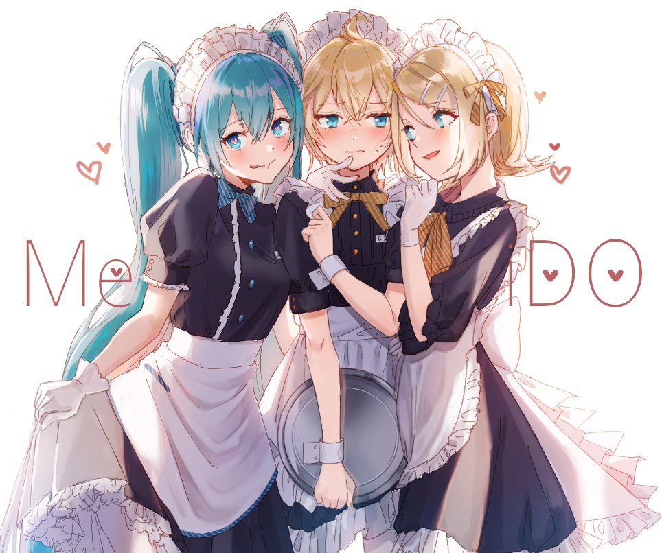 1boy 2girls apron aqua_eyes aqua_hair backlighting bangs black_dress blonde_hair blush commentary cowboy_shot crossdressinging dress embarrassed frilled_apron frills gloves hair_ornament hairclip hand_on_another's_chin hand_up hatsune_miku heart holding holding_tray jam_(zamuchi) kagamine_len kagamine_rin long_hair looking_at_another maid maid_apron maid_day maid_dress maid_headdress multiple_girls open_mouth raised_eyebrows short_hair short_sleeves skirt_hold smile spiky_hair sweat swept_bangs symbol_commentary tongue tongue_out tray twintails very_long_hair vocaloid white_apron white_background white_gloves wrist_cuffs