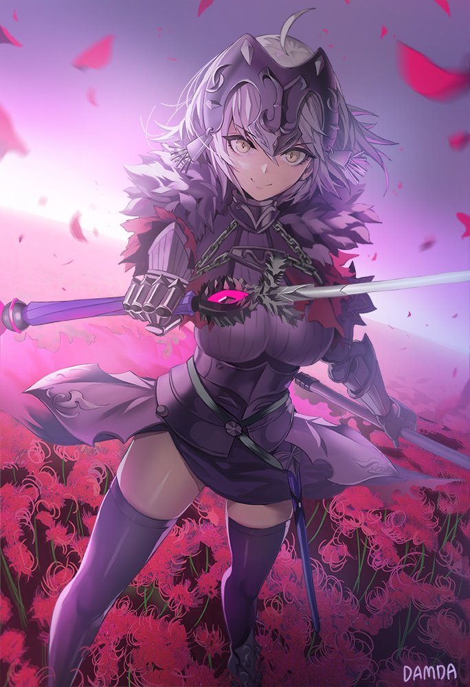 1girl ahoge armor armored_boots armored_dress artist_name bangs black_dress black_gloves boots breasts chain closed_mouth damda dress dress_lift eyebrows_visible_through_hair fate/grand_order fate_(series) flower fur_trim gauntlets gloves hair_between_eyes headgear holding holding_sword holding_weapon jeanne_d'arc_(alter)_(fate) jeanne_d'arc_(fate)_(all) large_breasts looking_at_viewer outdoors petals purple_sky red_flower short_hair silver_hair smile solo standing sword thigh-highs thighs weapon wind wind_lift yellow_eyes