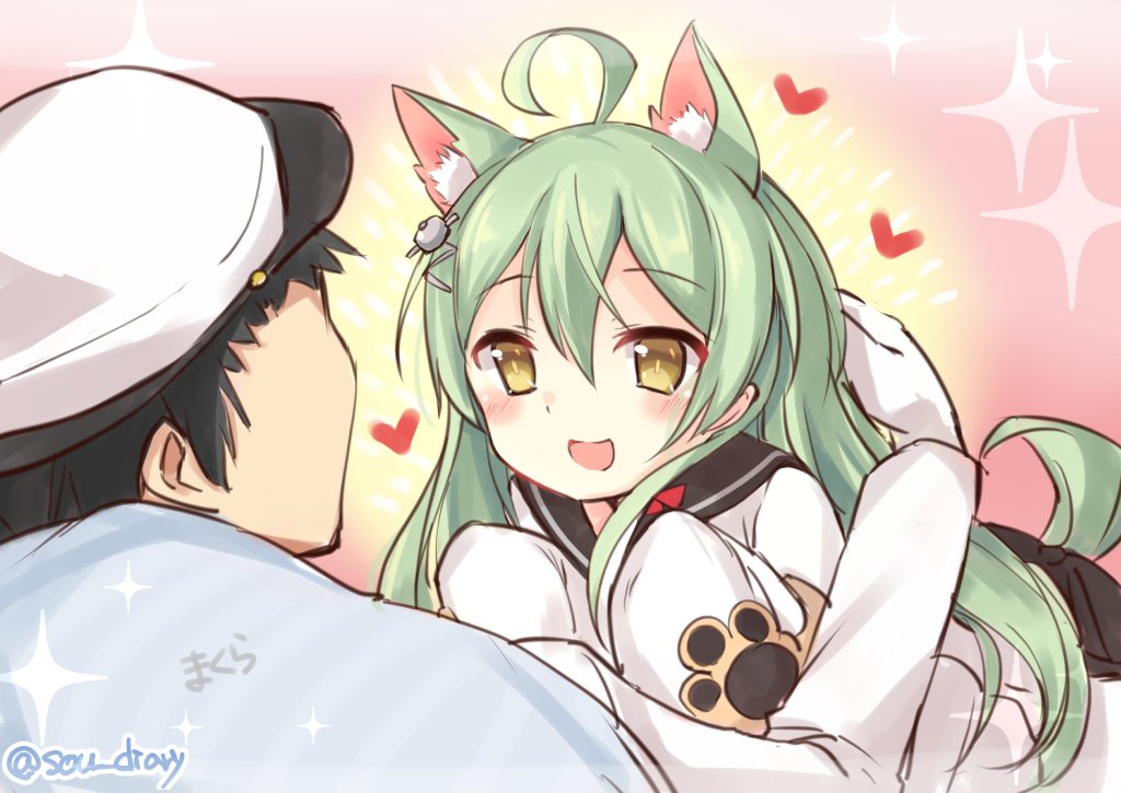 1boy 1girl ahoge akashi_(azur_lane) animal_ear_fluff animal_ears arm_up azur_lane cat_ears commander_(azur_lane) dress eye_contact face-to-face gloves green_hair hat long_hair looking_at_another lying lying_on_person on_stomach open_mouth petting shirt sleeves_past_wrists smile sou_(soutennkouchi) white_dress white_gloves white_headwear white_shirt yellow_eyes