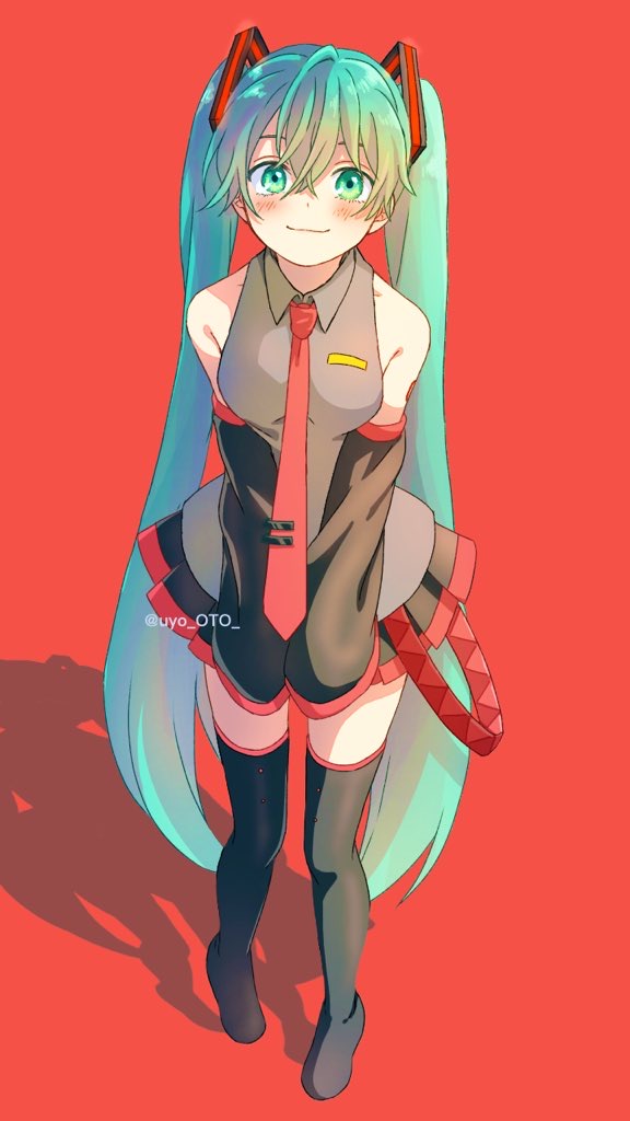 1girl aqua_eyes aqua_hair bare_shoulders black_legwear black_skirt black_sleeves boots commentary detached_sleeves full_body grey_shirt hair_ornament hands_together hatsune_miku long_hair looking_at_viewer necktie pleated_skirt red_background red_neckwear shadow shirt shoulder_tattoo skirt sleeveless sleeveless_shirt sleeves_past_fingers sleeves_past_wrists smile solo standing tattoo thigh-highs thigh_boots twintails twitter_username uyo_oto very_long_hair vocaloid