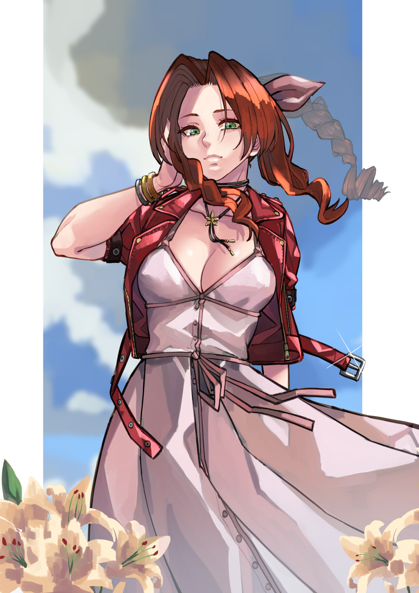 1girl aerith_gainsborough bl00d_h00d blue_sky breasts brown_hair clouds cropped_jacket day dress drill_hair final_fantasy final_fantasy_vii flower green_eyes highres jacket long_dress long_hair medium_breasts open_clothes open_jacket outdoors pink_dress red_jacket short_sleeves side_drill sky solo tri_drills white_flower