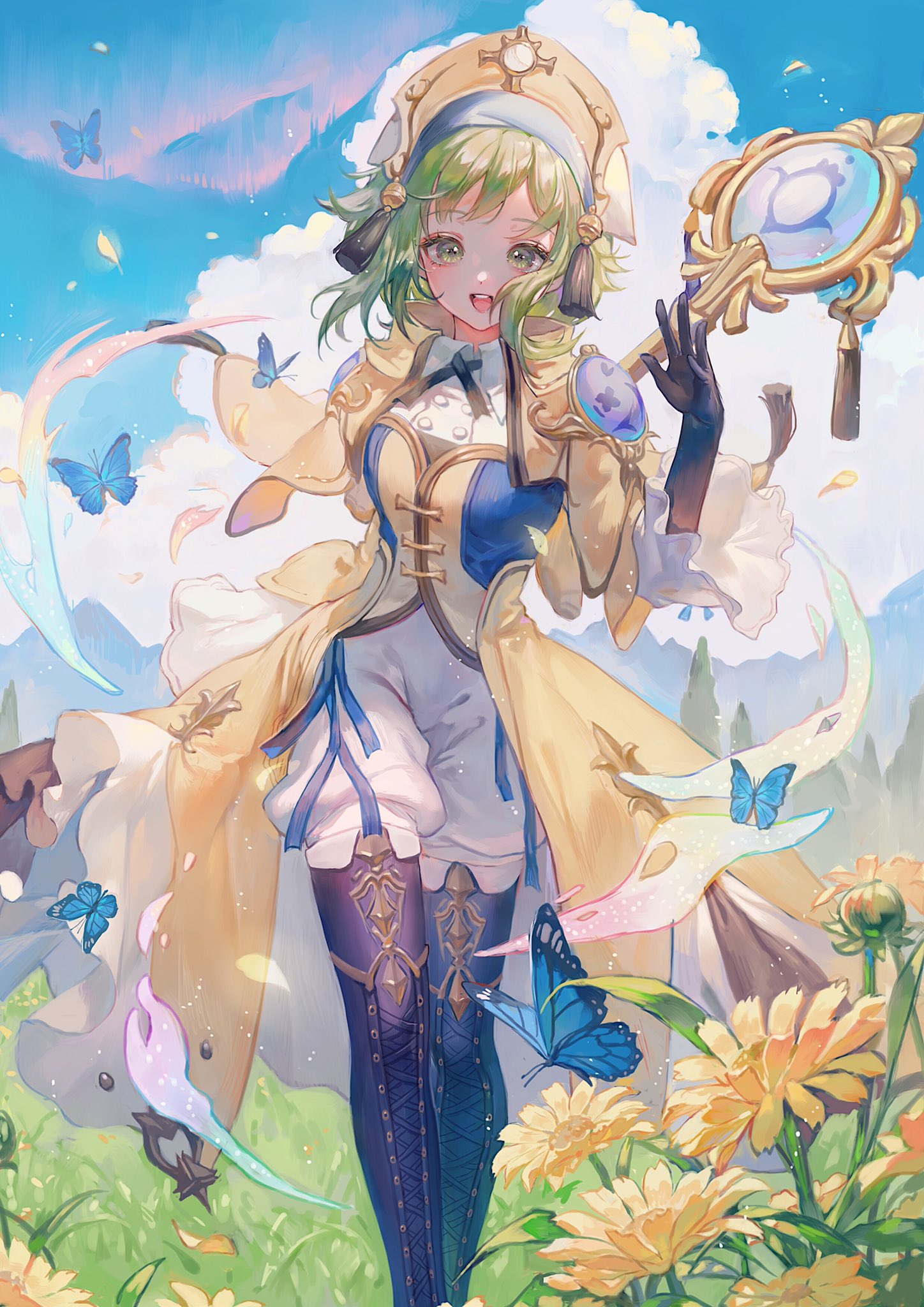 1girl boots bug butterfly clouds cloudy_sky commentary copyright_request dress eyebrows_visible_through_hair flower gloves green_eyes green_hair hat highres insect looking_at_viewer maccha_(mochancc) sky smile sunflower tagme tassel thigh-highs thigh_boots yellow_dress