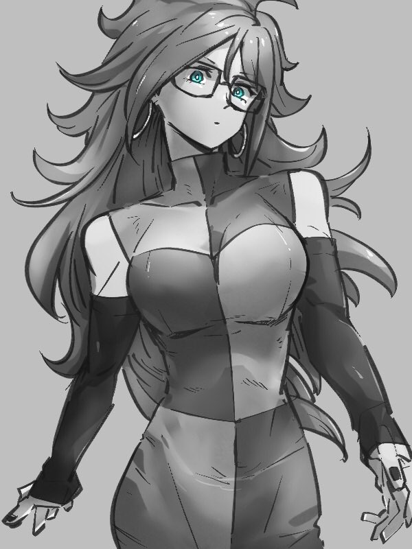 1girl android_21 blue_eyes breasts checkered checkered_dress closed_mouth detached_sleeves dragon_ball dragon_ball_fighterz dress earrings glasses grey_hair greyscale hoop_earrings jewelry kemachiku long_hair looking_at_viewer medium_breasts monochrome simple_background solo