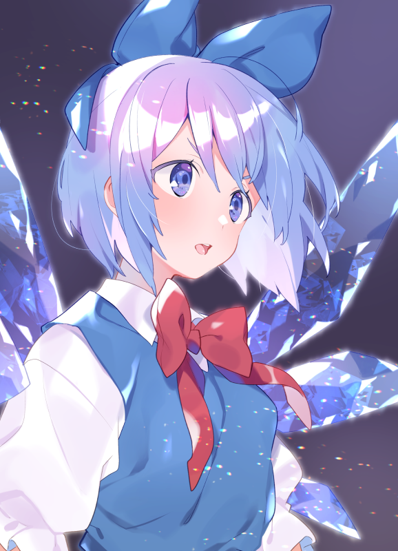 1girl akagashi_hagane arms_at_sides backlighting bangs black_background blue_bow blue_eyes blue_hair blue_vest bow bowtie chromatic_aberration cirno d: floating_hair frilled_sleeves frills from_side hair_bow hair_ornament ice ice_wings light_particles looking_away neck_ribbon open_mouth puffy_short_sleeves puffy_sleeves red_bow red_neckwear red_ribbon ribbon round_teeth shiny shiny_hair short_hair short_sleeves solo tareme teeth tongue touhou upper_body upper_teeth v-shaped_eyebrows vest wind wing_collar wings