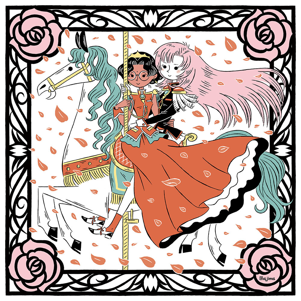 2girls black_hair carousel dress epaulettes flower flowing_dress hair_blowing hand_on_hip himemiya_anthy horse long_hair long_sleeves multiple_girls petals pink_hair red_dress rose rose_petals shoujo_kakumei_utena tajima_naoto tenjou_utena uniform