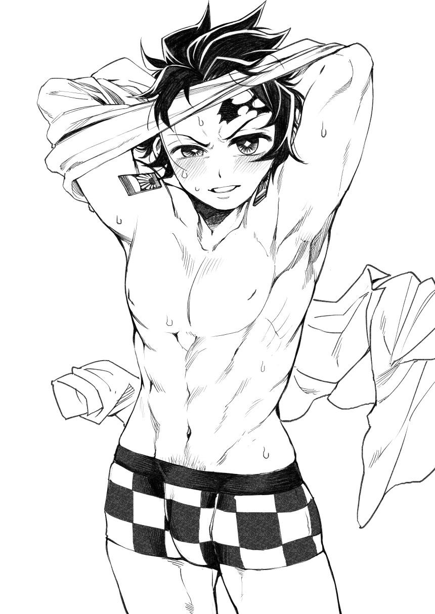 1boy blush boxer_briefs checkered checkered_briefs earrings greyscale highres jewelry kamado_tanjirou kimetsu_no_yaiba looking_at_viewer male_focus male_pubic_hair monochrome parted_lips pubic_hair scar solo sweat toned toned_male undressing