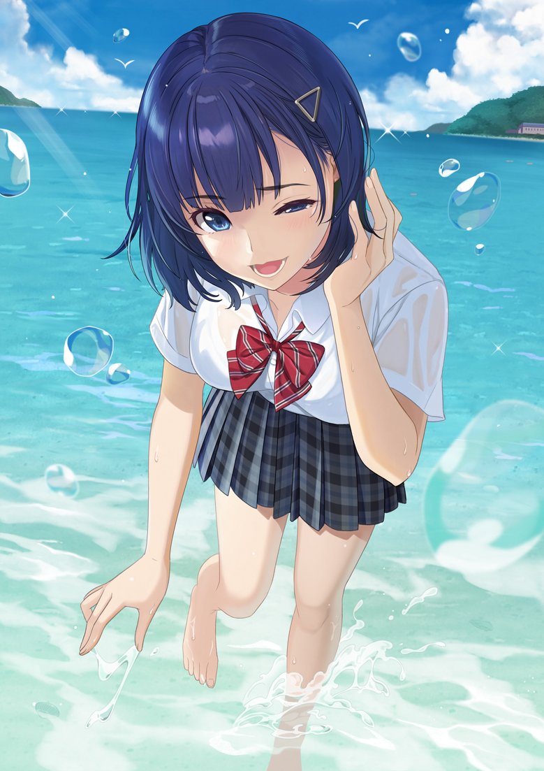 1girl bangs barefoot blue_eyes blue_hair bow bowtie breasts collared_shirt day dress_shirt eyebrows_visible_through_hair hair_ornament hairclip icchiramen leaning_forward light_rays looking_at_viewer medium_breasts miniskirt ocean open_mouth original outdoors pleated_skirt school_uniform shirt short_hair short_sleeves skirt smile solo standing standing_on_one_leg wading water_drop white_shirt wince