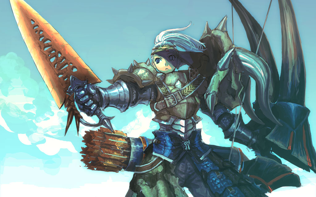 1girl armor arrow_(projectile) blue_eyes blue_sky bow_(weapon) breastplate clouds dual_wielding gauntlets holding holding_bow_(weapon) holding_sword holding_weapon long_hair monster_hunter outdoors pauldrons ponytail quiver ran'ou_(tamago_no_kimi) sky solo sword torn_clothes vambraces veil weapon white_hair