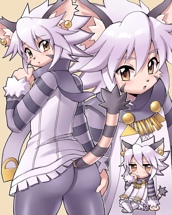 1girl animal_ear_fluff animal_ears ass blush brown_eyes cat cat_ears cat_girl cat_tail chibi commentary_request cowboy_shot earrings elh_melizee furry inaho jewelry licking_self looking_at_viewer looking_back medium_hair multiple_views open_mouth silver_hair solatorobo spiky_hair striped_sleeves striped_tail tail