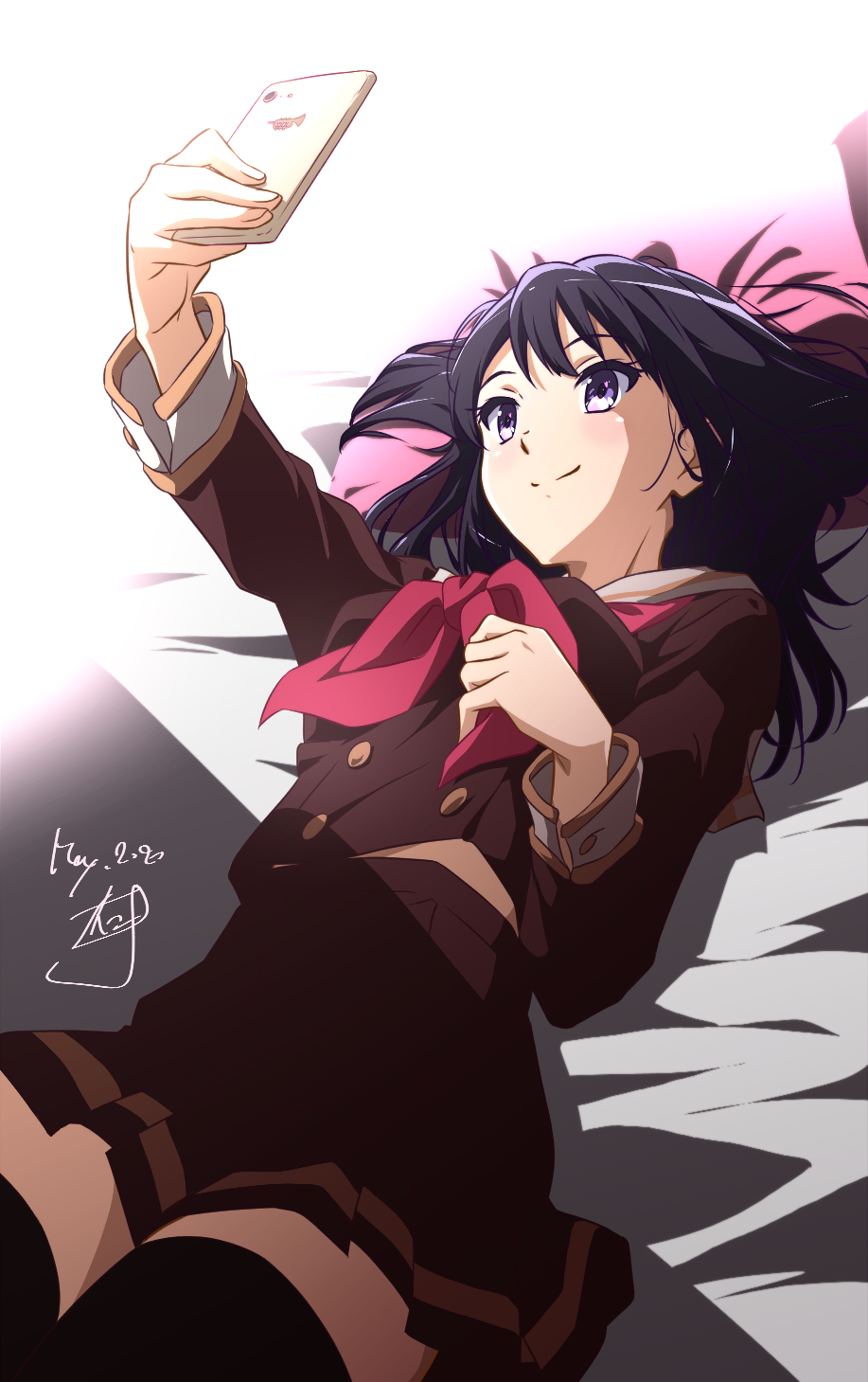 1girl arm_up bangs bed_sheet black_hair black_legwear blush breasts brown_shirt brown_skirt cellphone closed_mouth dated hibike!_euphonium highres holding holding_phone kitauji_high_school_uniform kousaka_reina long_hair long_sleeves lying medium_breasts neckerchief nii_manabu on_back on_bed outstretched_arm phone pillow pleated_skirt red_neckwear school_uniform self_shot shirt signature skirt smartphone smile solo thigh-highs violet_eyes zettai_ryouiki