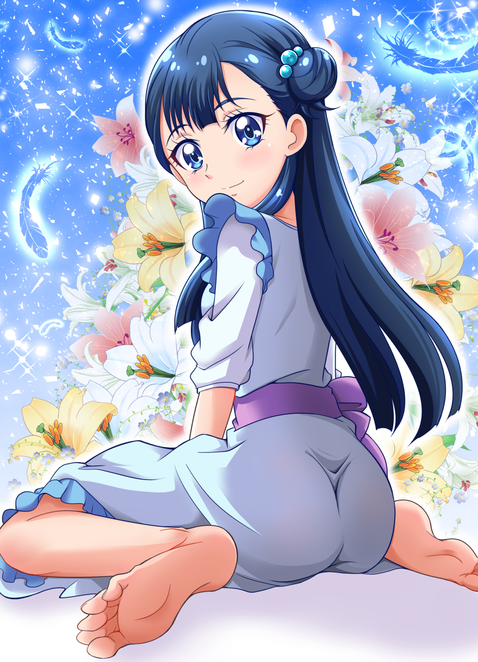 1girl bangs barefoot blue_dress blue_eyes blue_feathers blue_hair closed_mouth dress flower frilled_dress frills from_behind hair_bun hair_ornament hanzou highres hugtto!_precure long_hair looking_at_viewer looking_back pink_flower precure shiny shiny_hair sitting smile soles solo sparkle very_long_hair wariza white_flower yakushiji_saaya yellow_flower