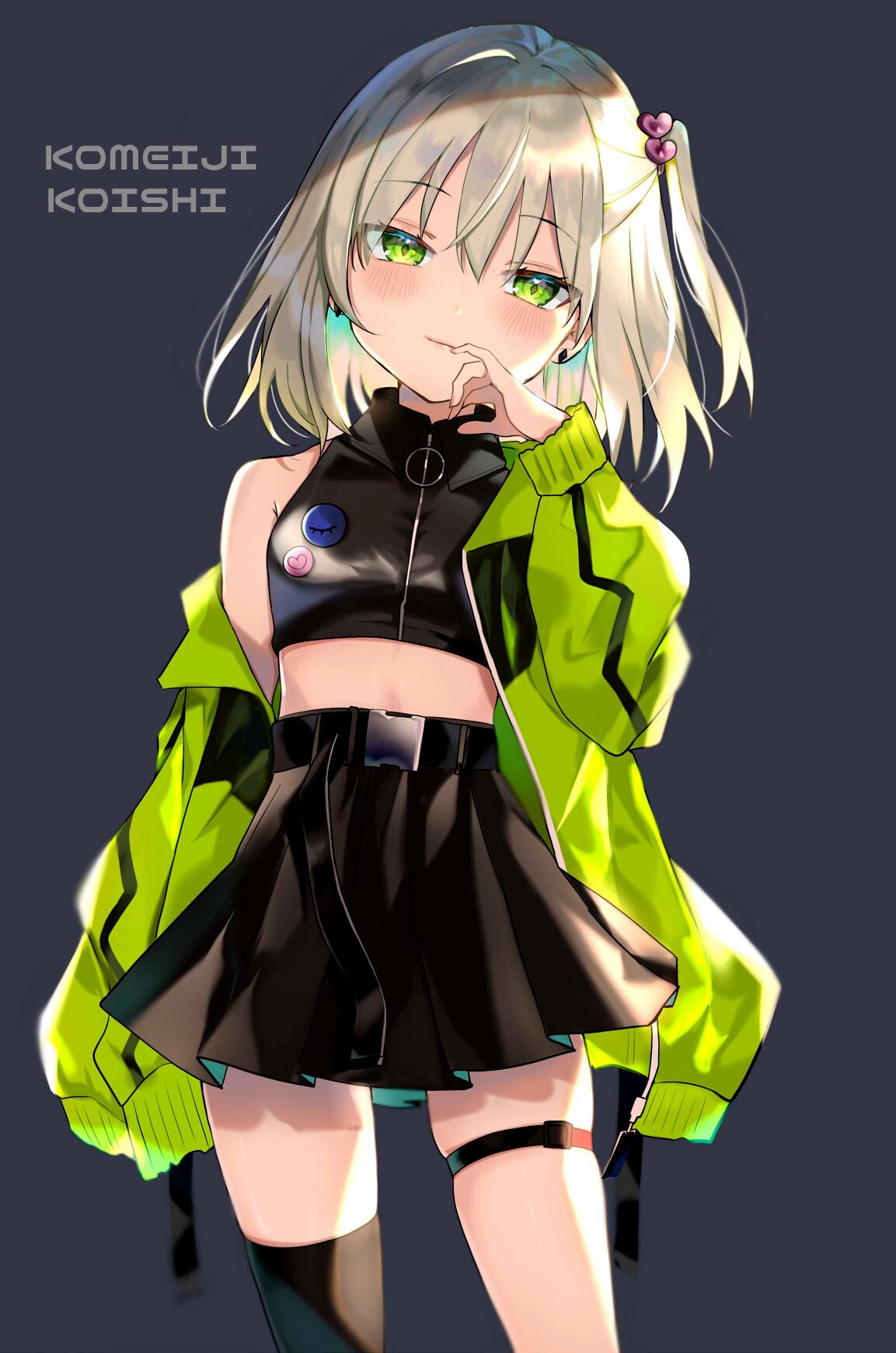 1girl bangs bare_shoulders black_earrings black_legwear black_shirt black_skirt blush breasts character_name cowboy_shot crop_top earrings eyebrows_visible_through_hair finger_to_mouth green_eyes green_jacket hair_between_eyes hair_ornament head_tilt heart heart_hair_ornament highres jacket jewelry komeiji_koishi long_sleeves looking_at_viewer midriff open_clothes open_jacket pleated_skirt satoupote shirt short_hair side_ponytail silver_hair skirt small_breasts solo thigh-highs thigh_strap thighs touhou zipper