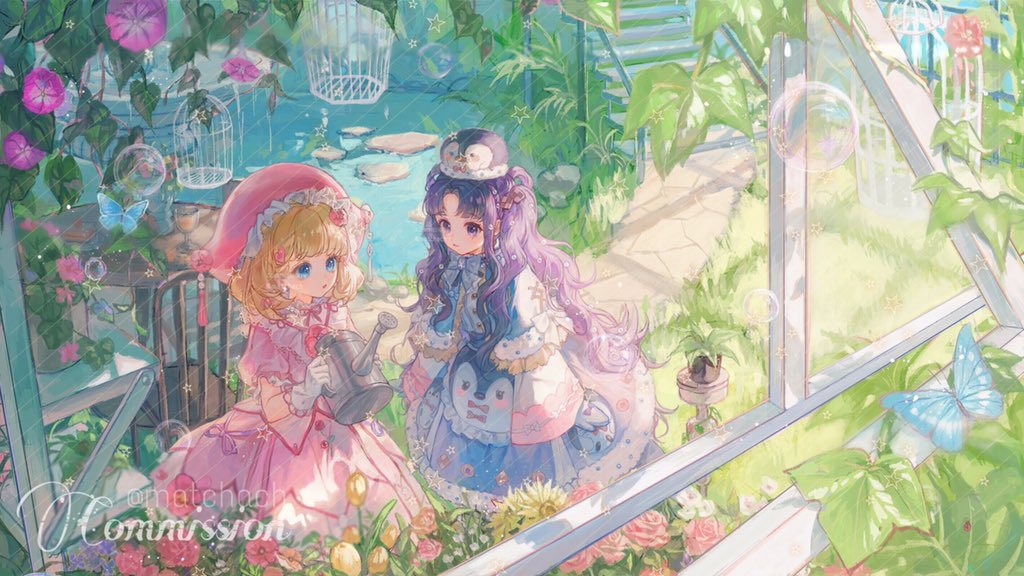 2girls birdcage blonde_hair bubble bug butterfly cage chair commentary commission copyright_request crown dress flower grass hat insect leaf maccha_(mochancc) multiple_girls outdoors pink_dress plant pond purple_hair rock rose stairs star symbol_commentary table tagme water watering_can