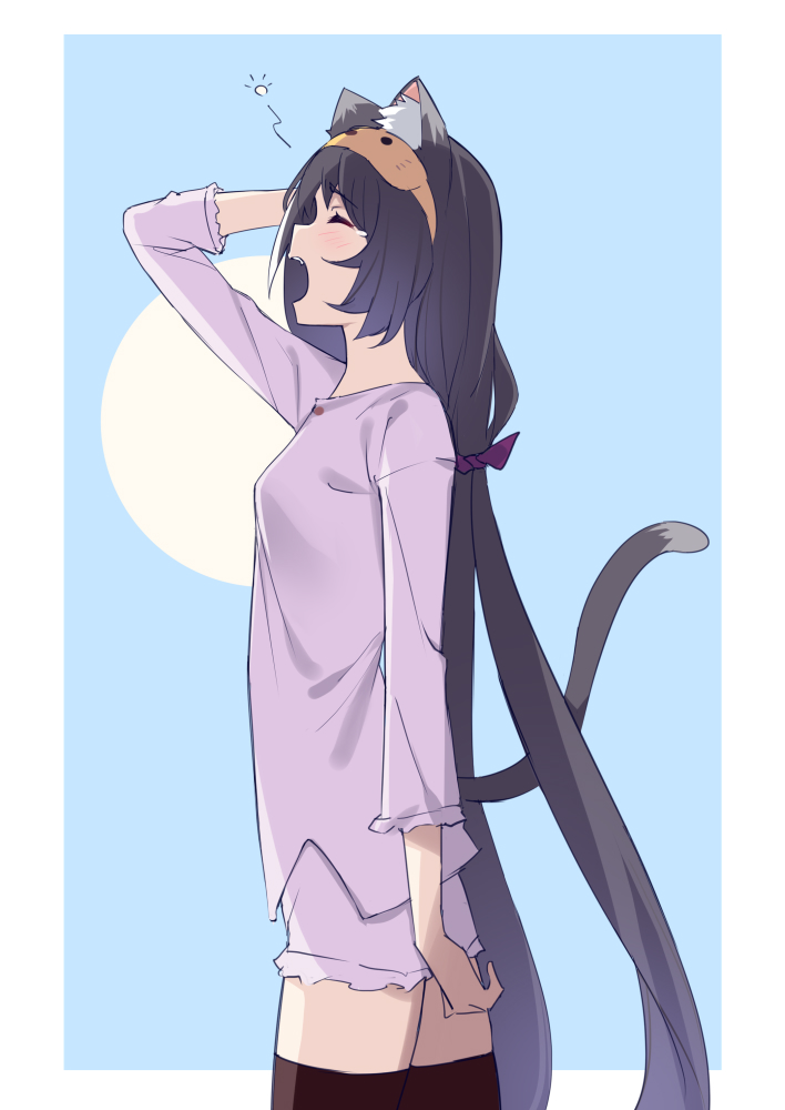 1girl animal_ear_fluff animal_ears arm_up black_hair black_legwear cat_ears cat_girl cat_tail closed_eyes cowboy_shot from_side hair_ribbon hand_in_hair karyl_(princess_connect!) long_hair long_sleeves low_twintails mask mask_on_head open_mouth pajamas princess_connect! princess_connect!_re:dive profile purple_ribbon ribbon saiste simple_background sleep_mask sleepy solo tail tears thigh-highs twintails very_long_hair yawning