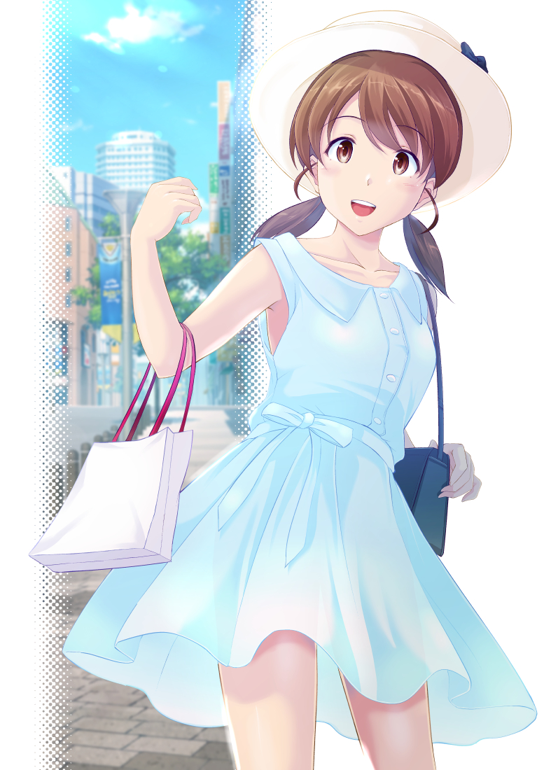 1girl :d alternate_costume bag bangs blue_dress brown_eyes brown_hair cowboy_shot dress handbag hat kantai_collection looking_at_viewer low_twintails map_(blue_catty) open_mouth parted_bangs shirayuki_(kantai_collection) shopping_bag short_twintails sleeveless sleeveless_dress smile solo straw_hat twintails