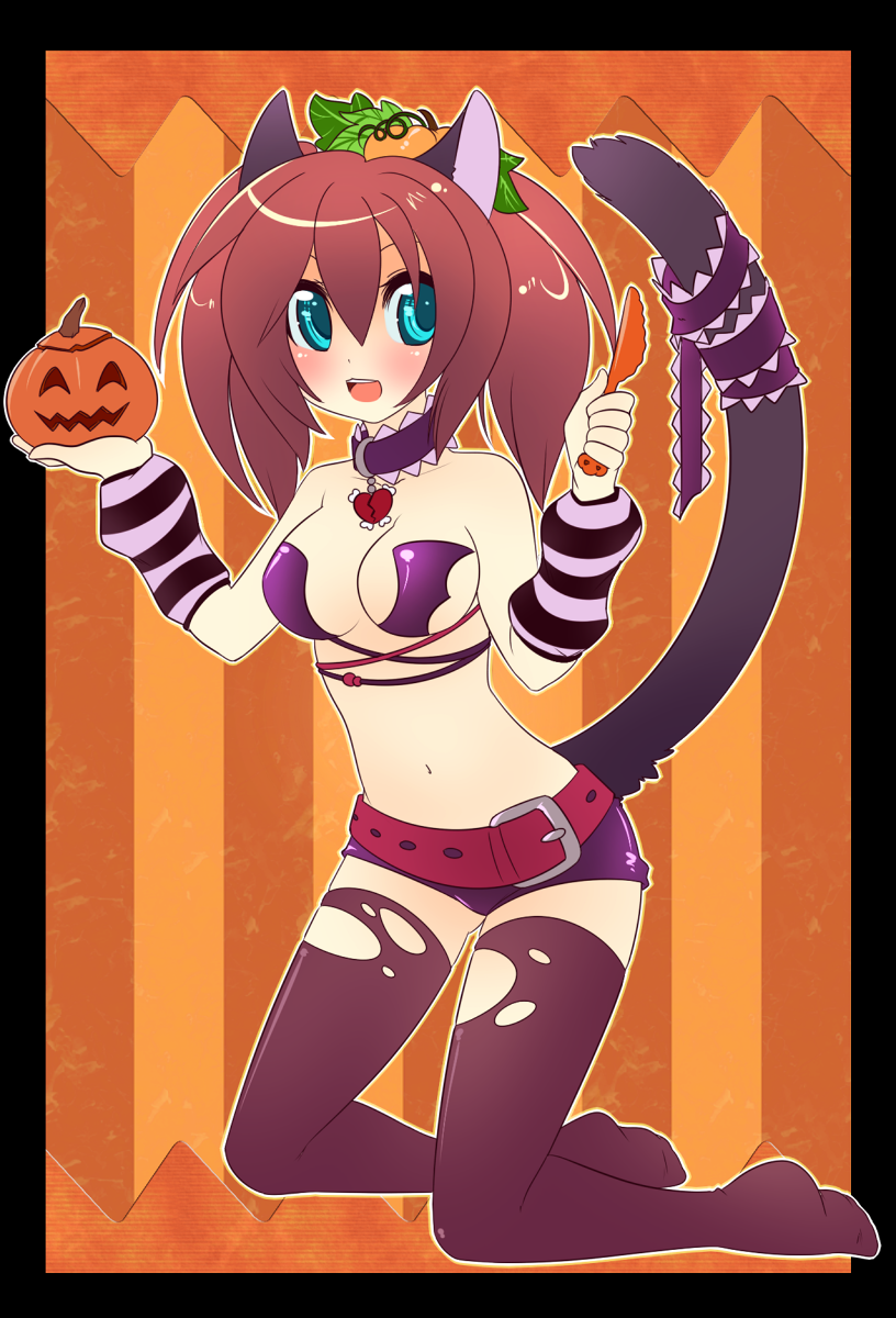 1girl animal_ears aqua_eyes breasts cat_ears cat_tail halloween highres large_breasts looking_at_viewer navel original ribbon solo spazzykoneko tail tail_ribbon