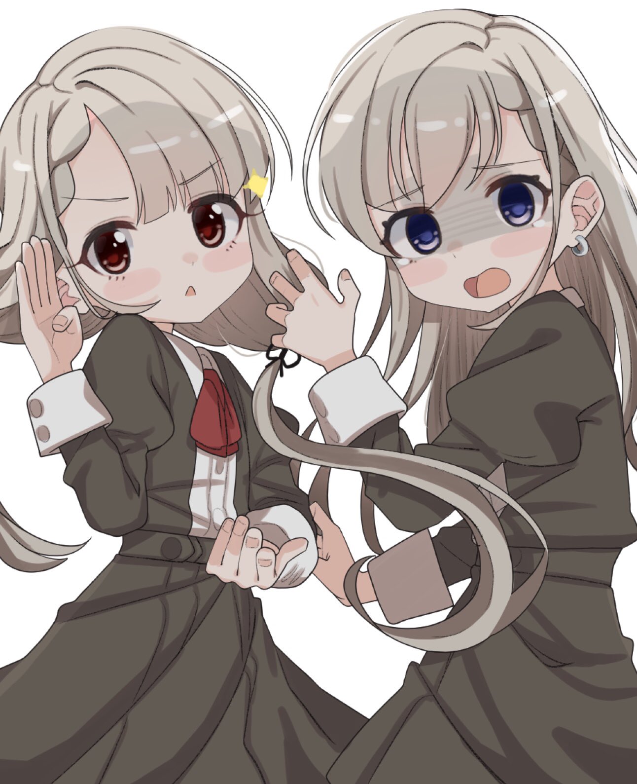 2girls black_jacket black_ribbon black_skirt blue_eyes blush_stickers bow braid brown_eyes collared_shirt dress_shirt grey_hair hair_ribbon highres hisakawa_hayate hisakawa_nagi idolmaster idolmaster_cinderella_girls idolmaster_cinderella_girls_starlight_stage jacket juliet_sleeves long_hair long_sleeves low_twintails multiple_girls open_mouth parted_lips pleated_skirt puffy_sleeves red_bow ribbon shaded_face shirt shiwa_(siwaa0419) simple_background skirt twintails very_long_hair white_background white_shirt