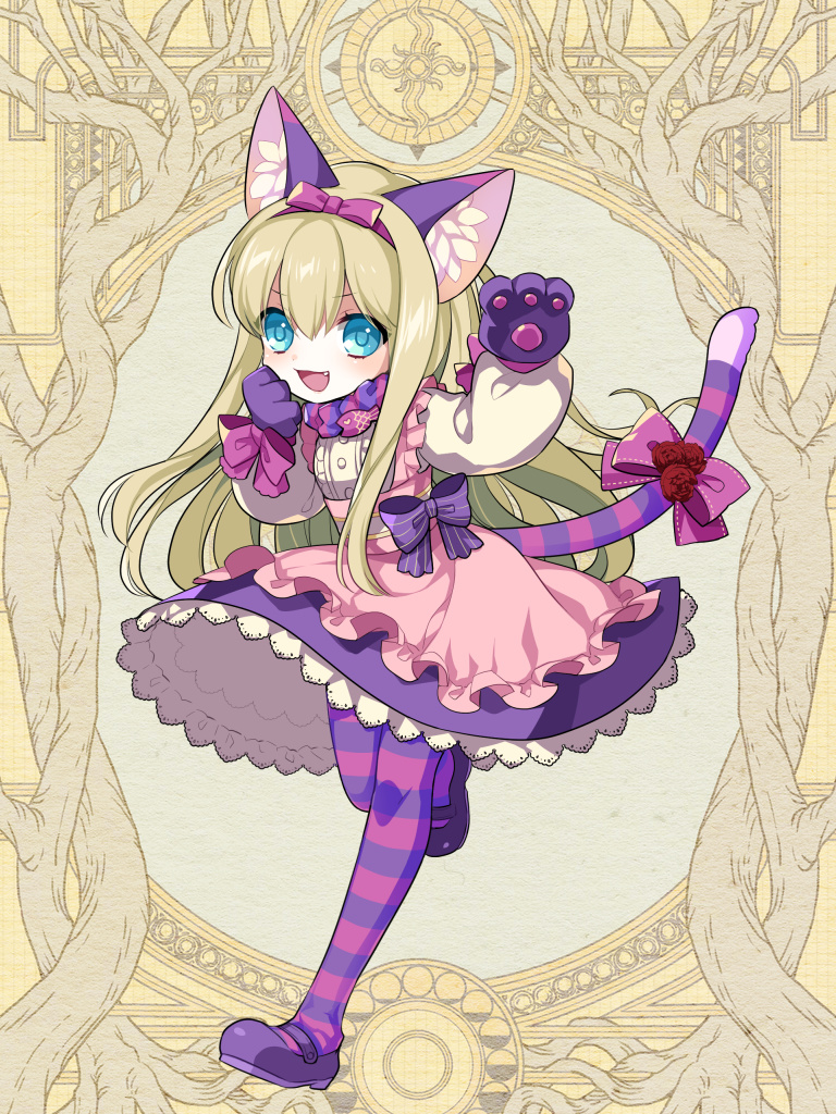 1girl :d animal_ears blonde_hair blue_eyes bow cat_ears cat_tail clenched_hand dairoku_youhei dress fang flower full_body hand_up l_(matador) long_hair long_sleeves looking_at_viewer mary_janes open_mouth pantyhose paws pink_bow pink_dress pink_legwear purple_bow purple_footwear purple_legwear running shoes simple_background smile solo striped striped_legwear tail tail_bow yellow_background