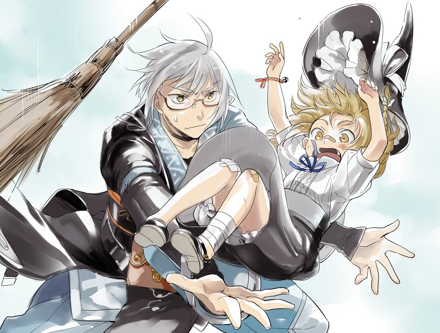 1boy 1girl arms_up bandaged_leg bandages bandaid bandaid_on_knee bandaid_on_nose black_footwear black_headwear black_skirt blonde_hair bloomers blue_neckwear blue_pants bow bracelet braid broom commentary falling glasses hair_bow hat jewelry kirisame_marisa koma_midori long_hair long_sleeves mary_janes morichika_rinnosuke neck_ribbon open_mouth outstretched_arms pants ribbon shirt shoes short_sleeves silver_hair single_braid skirt sweatdrop touhou underwear white_bow white_shirt witch_hat yellow_eyes