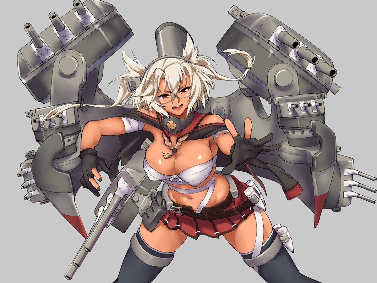 1girl black_gloves black_legwear breasts budget_sarashi capelet commentary_request cowboy_shot dark_skin glasses gloves grey_background hair_between_eyes headgear kantai_collection kikumon large_breasts machinery miniskirt musashi_(kantai_collection) partly_fingerless_gloves platinum_blonde_hair pleated_skirt red_eyes red_skirt sarashi shingyo short_hair_with_long_locks simple_background skirt solo thigh-highs twintails two_side_up