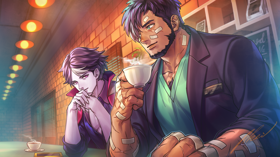 2boys bandages brick_wall cafe ceiling ceiling_light cellphone chest_hair coffee_cup coffee_talk cup disposable_cup gala_(coffee_talk) gendou_pose green_shirt hands_clasped hyde_(coffee_talk) indoors iroha_(akei0710) jacket jacket_on_shoulders looking_at_another mole multicolored_hair multiple_boys own_hands_together perspective phone popped_collar purple_skin scar shirt sitting smartphone smile steam upper_body vampire werewolf