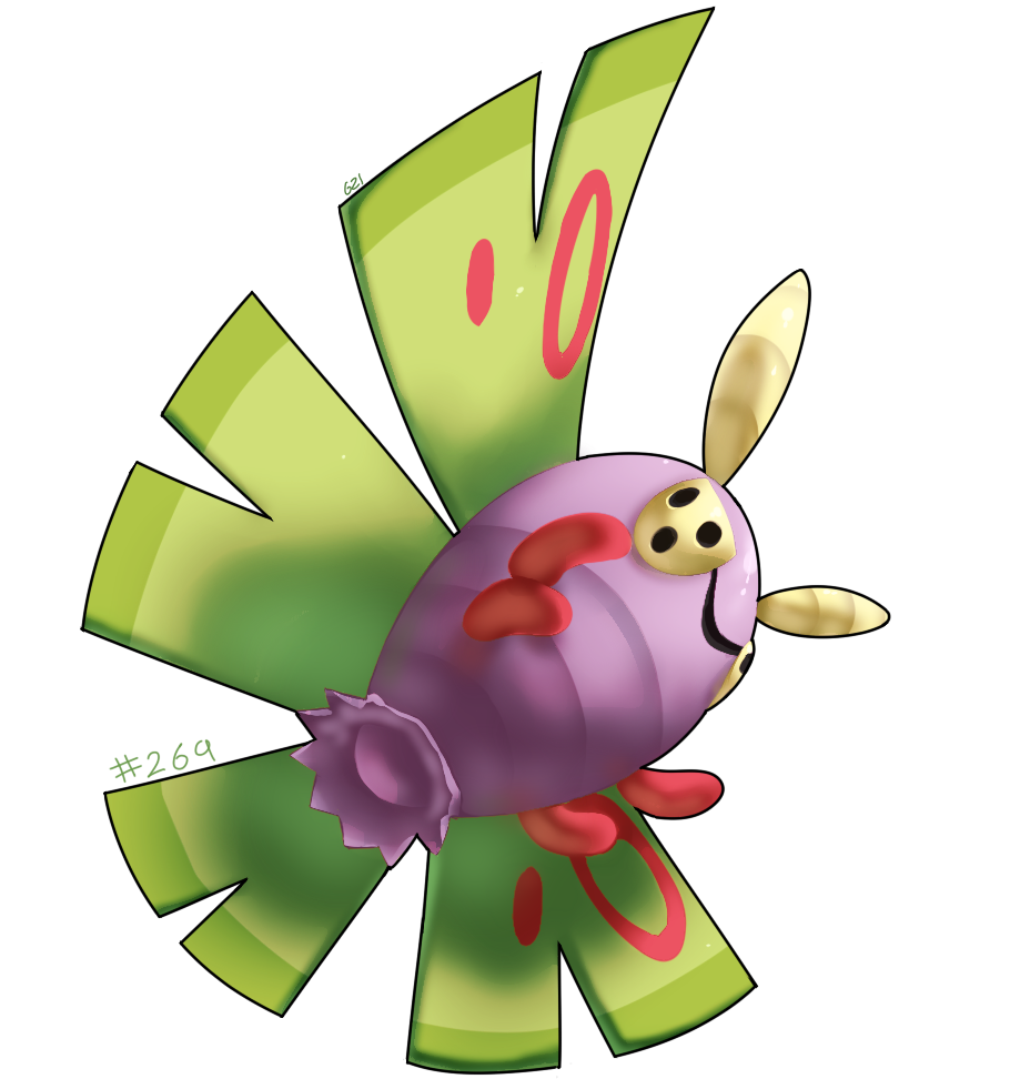 commentary creature dustox english_commentary flying full_body gen_3_pokemon no_humans number pinkgermy pokemon pokemon_(creature) pokemon_number signature smile solo transparent_background yellow_eyes