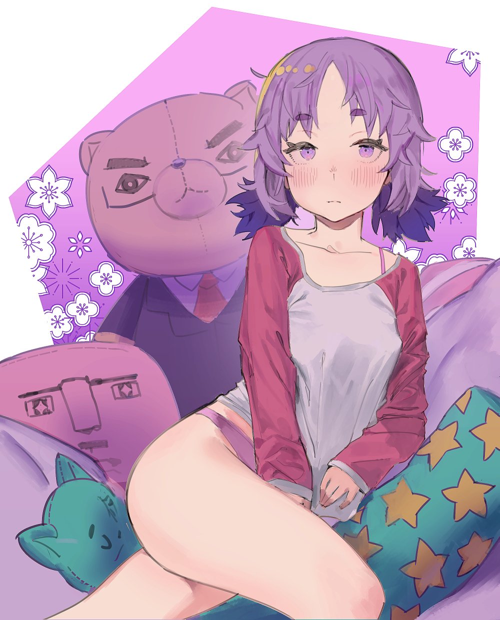 1girl bare_legs blush closed_mouth floral_background godekasu highres jitome long_sleeves looking_at_viewer low_twintails original panties pillow purple_background purple_hair purple_panties purple_theme raglan_sleeves shirt short_hair sitting sleeves_past_wrists solo star star_print stuffed_animal stuffed_toy teddy_bear twintails underwear violet_eyes