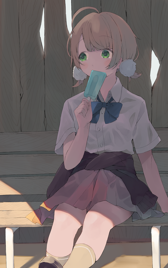 1girl ahoge arm_support bangs bench blue_bow blue_neckwear blunt_bangs blush bow bowtie brown_hair clothes_around_waist day eyebrows_visible_through_hair food green_eyes hair_ornament hair_pom_pom holding holding_food jacket_around_waist pleated_skirt popsicle shade shigure_ui_(channel) shigure_ui_(vtuber) shirt short_hair short_sleeves sitting skirt solo swept_bangs taker_(flamestorm) virtual_youtuber white_shirt