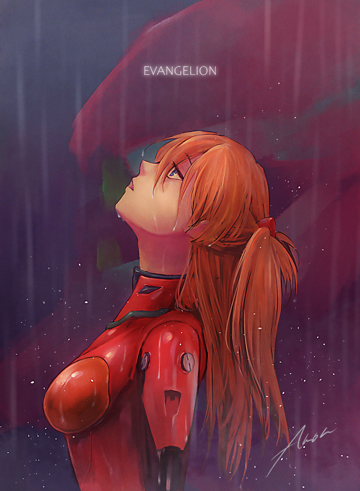 blue_eyes blurry blurry_background bodysuit breasts brown_hair copyright_name eva_02 hair_ornament imomusik long_hair looking_up medium_breasts neon_genesis_evangelion open_mouth plugsuit profile rain red_bodysuit signature souryuu_asuka_langley upper_body wet wet_hair