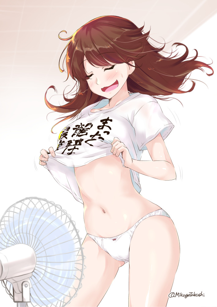 1girl bangs blush brown_hair closed_eyes clothes_writing electric_fan eyebrows_visible_through_hair fan hair_down kantai_collection long_hair mikage_takashi navel open_mouth panties ryuujou_(kantai_collection) shirt short_sleeves simple_background solo sweat t-shirt twitter_username underwear white_panties white_shirt