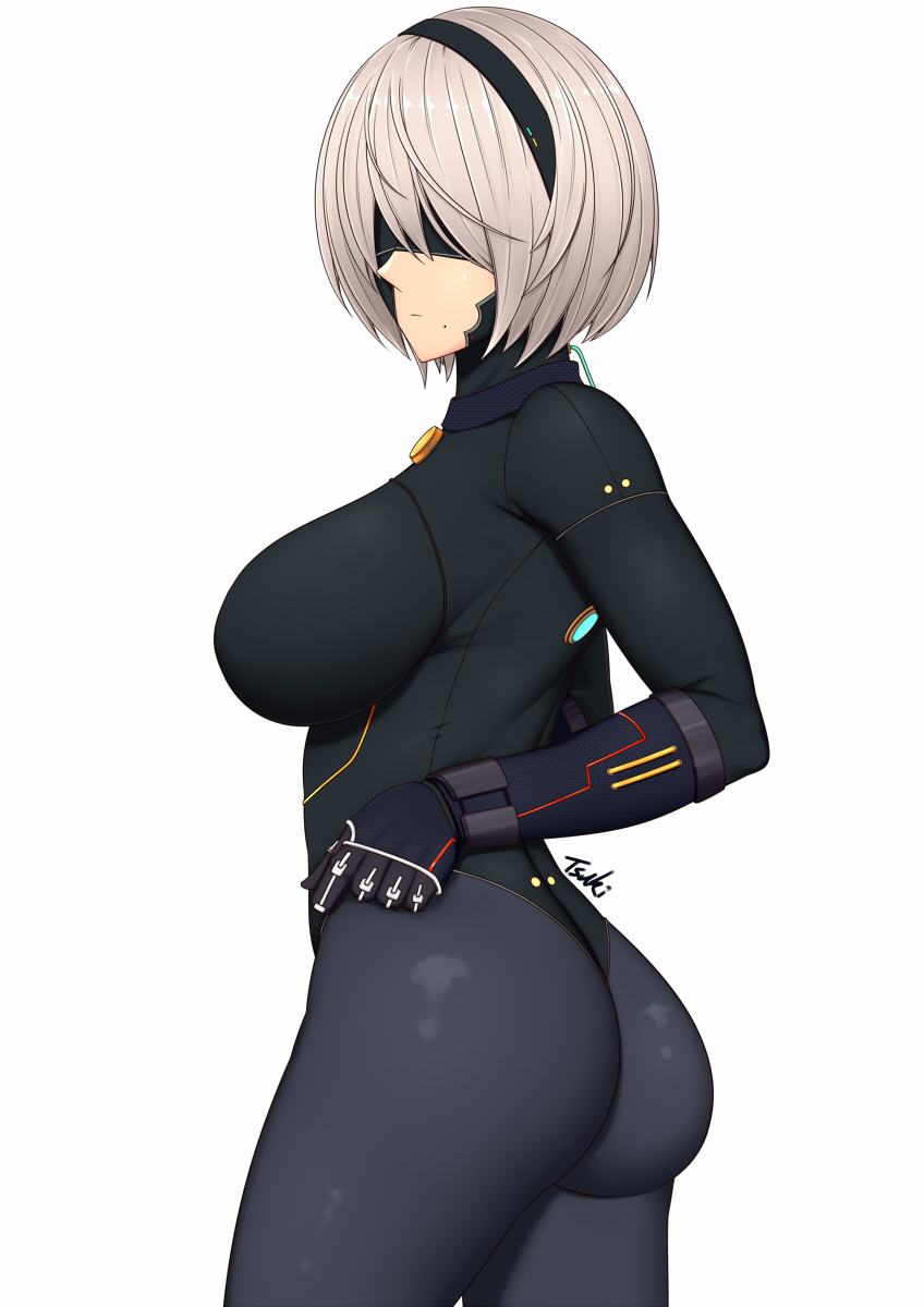 1girl adjusting_clothes ass black_blindfold black_bodysuit black_gloves black_legwear black_leotard blindfold bodysuit breasts closed_mouth gloves highres large_breasts leotard mole mole_under_mouth nier_(series) nier_automata ryu_seung thighs white_hair yorha_no._2_type_b