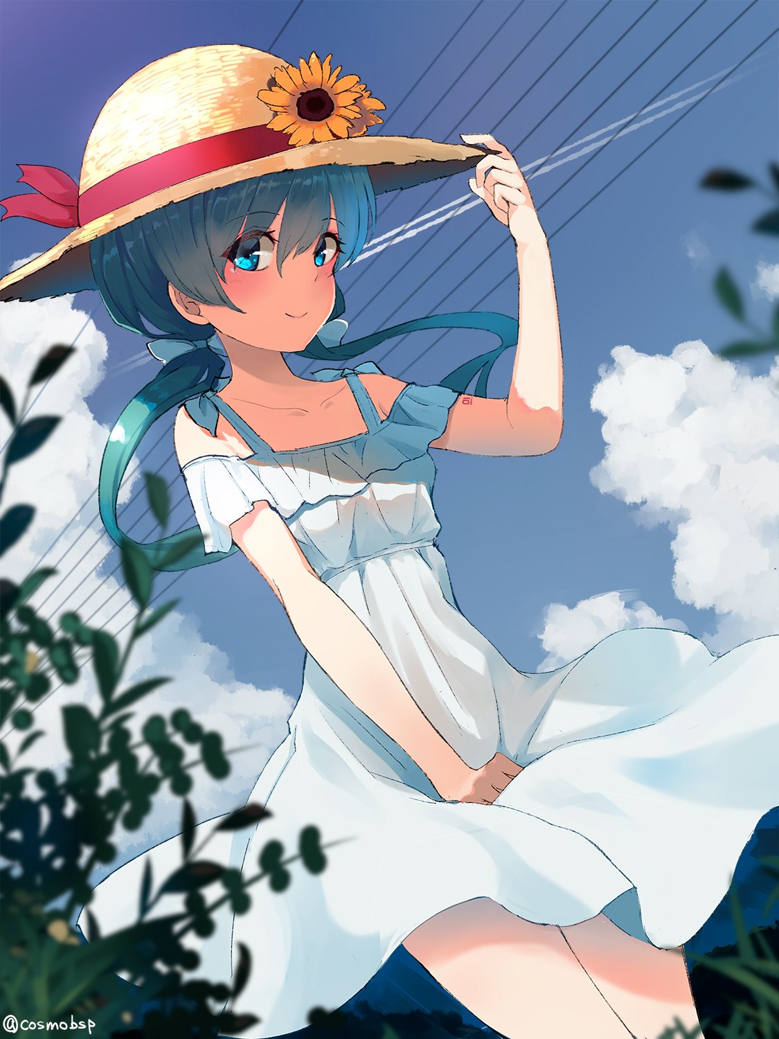 alternate_hairstyle arm_up blue_bow blue_eyes blue_hair blush bow breasts clouds cloudy_sky cosmo_(bousoup) dress eyebrows_visible_through_hair flower foliage hat hat_tip hatsune_miku highres power_lines red_ribbon ribbon skirt_hold sky small_breasts smile sunflower twintails vocaloid white_dress