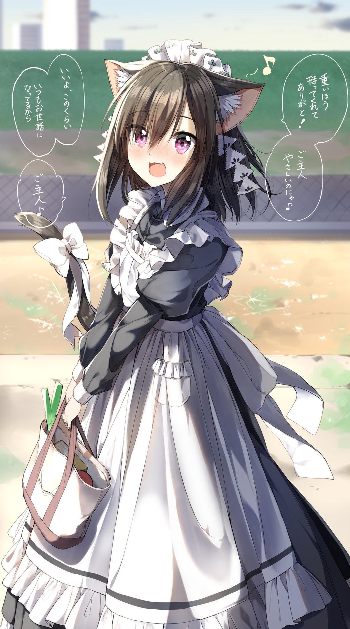 1girl :3 :d animal_ear_fluff animal_ears apron bag bangs black_dress black_hair blurry blurry_background blush bow cat_ears cat_girl cat_tail commentary_request day depth_of_field dress eighth_note eyebrows_visible_through_hair fang frilled_apron frills hair_between_eyes highres holding holding_bag juliet_sleeves long_hair long_sleeves maid_apron maid_headdress musical_note nose_blush open_mouth original outdoors pentagon_(railgun_ky1206) puffy_sleeves smile solo spring_onion standing tail tail_bow translation_request violet_eyes white_apron white_bow