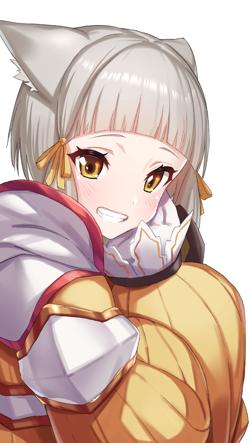 1girl animal_ears blush bodysuit cat_ears gloves green322 grin highres looking_at_viewer niyah short_hair silver_hair simple_background smile solo white_background white_gloves xenoblade_(series) xenoblade_2 yellow_bodysuit yellow_eyes