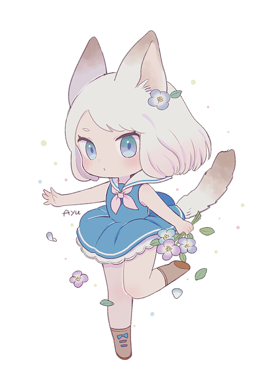 1girl animal_ears ayu_(mog) bare_arms blue_dress blue_eyes blue_flower blush bob_cut boots bouquet brown_footwear cat_ears cat_tail closed_mouth dress english_commentary flower gradient_hair hair_flower hair_ornament holding holding_flower looking_at_viewer mixed-language_commentary multicolored_hair neckerchief original petals pink_neckwear purple_flower sailor_collar sailor_dress solo standing standing_on_one_leg tail white_background white_hair white_sailor_collar