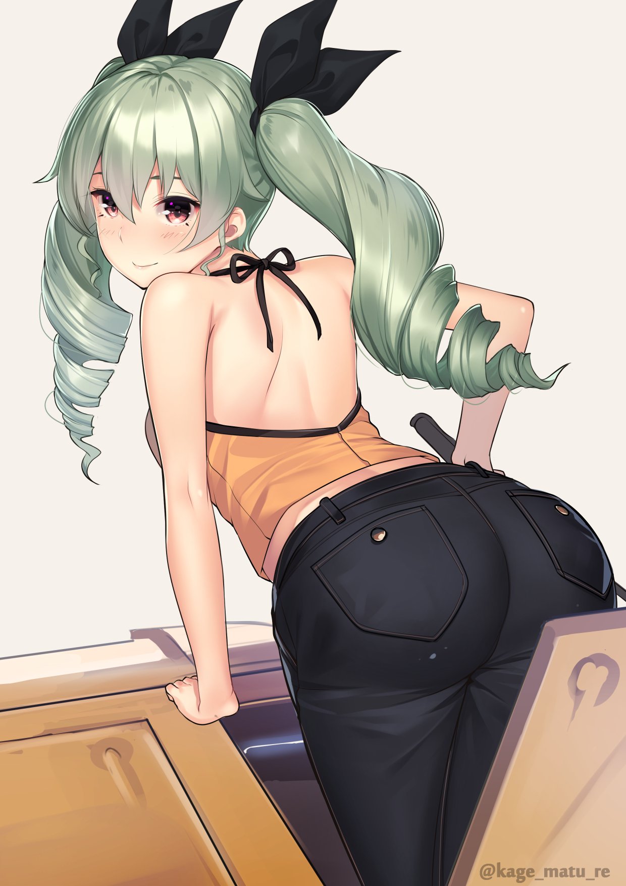 1girl anchovy_(girls_und_panzer) arm_support ass bangs bare_arms bare_shoulders black_ribbon blush brown_eyes casual closed_mouth denim drill_hair from_behind girls_und_panzer green_hair ground_vehicle hair_between_eyes hair_ribbon halter_top halterneck highres holding jeans kagematsuri leaning_forward long_hair looking_at_viewer looking_back military military_vehicle mole mole_under_eye motor_vehicle pants pocket ribbon simple_background smile solo tank twintails white_background