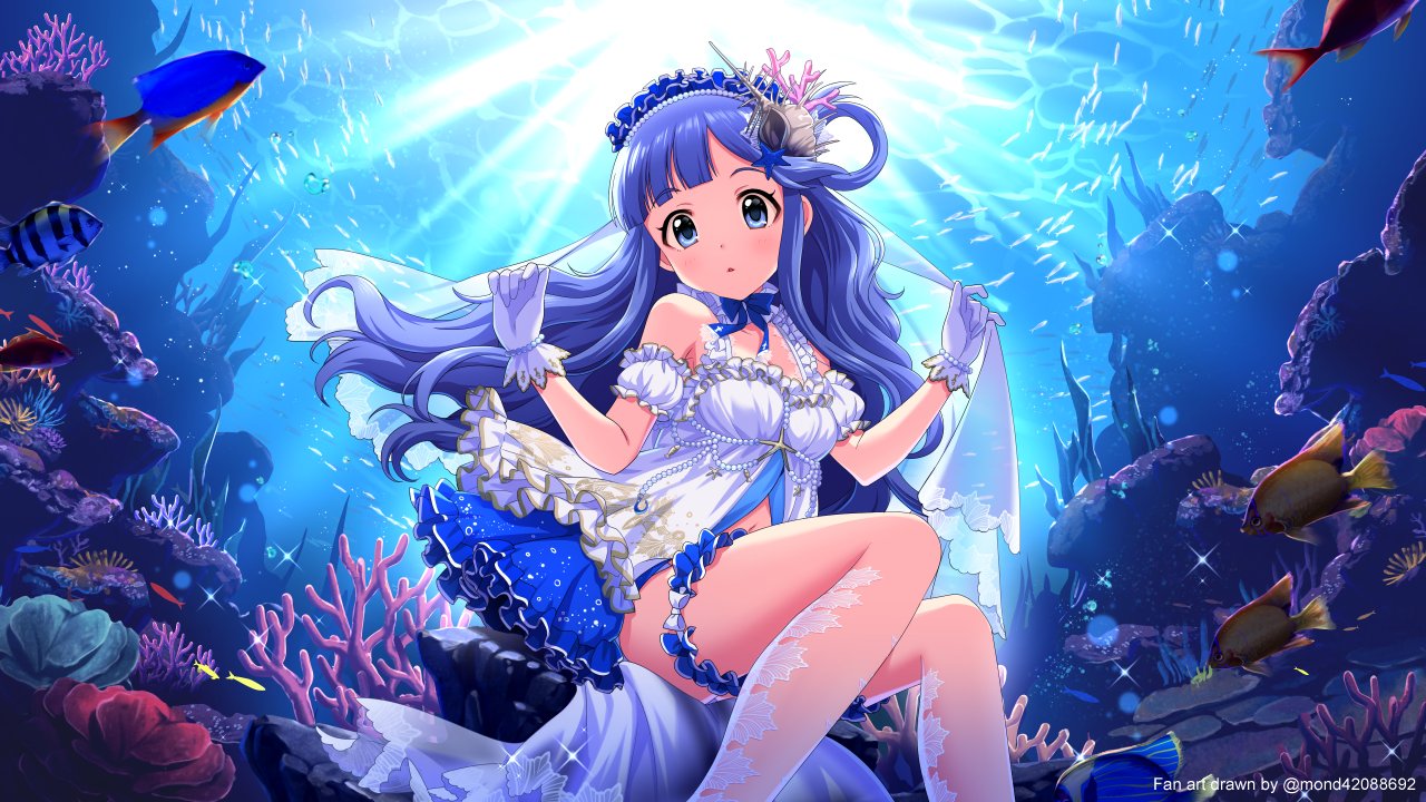 1girl air_bubble armlet asari_nanami babydoll bare_shoulders blue_eyes blue_hair bow bowtie bubble commentary_request coral coral_hair_ornament detached_collar fish frilled_babydoll frilled_hairband frills from_below garters gloves hair_ornament hair_rings hairband idolmaster idolmaster_cinderella_girls light_rays long_hair looking_down mond navel open_mouth shell_hair_ornament sitting solo submerged underwater veil water watermark white_babydoll white_gloves