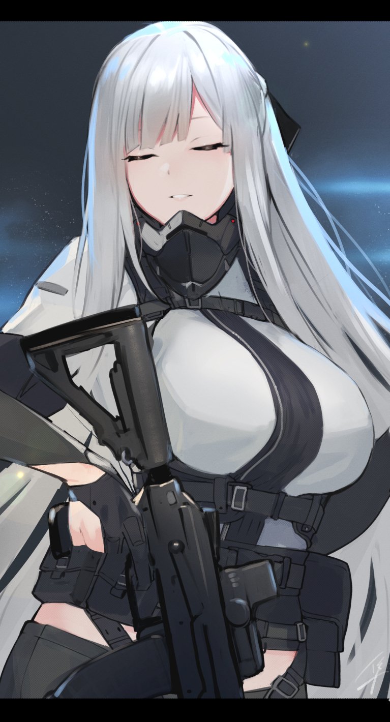 1girl ak-12 ak-12_(girls_frontline) assault_rifle black_gloves black_ribbon breasts closed_eyes feet_out_of_frame girls_frontline gloves gun hair_ribbon hayabusa highres large_breasts light_smile long_hair mask mask_around_neck mouth_mask night night_sky pants parted_lips ribbon rifle silver_hair sky solo tactical_clothes very_long_hair weapon