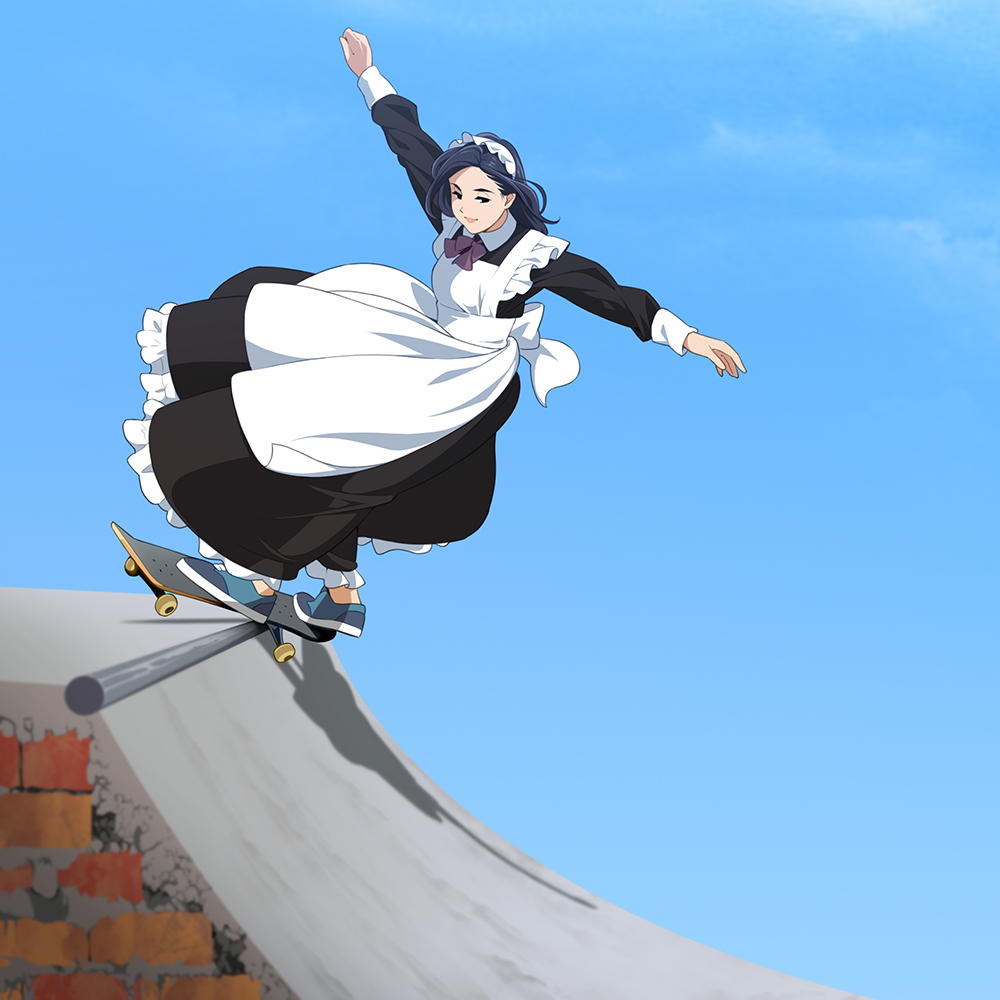 1girl black_dress black_hair blue_footwear blue_sky commentary day dress frilled_dress frills halfpipe long_sleeves maid maid_headdress original red_neckwear shadow shoes skateboard skateboarding sky smile sneakers solo suzushiro_(suzushiro333)