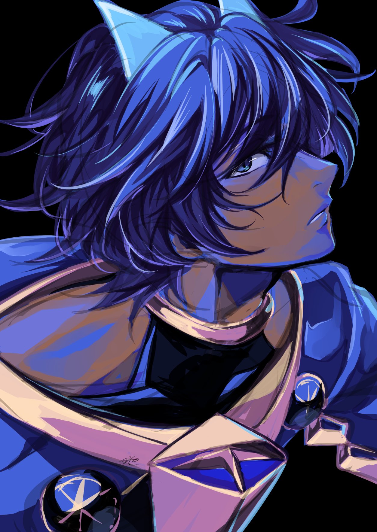 1boy alternate_eye_color arjuna_alter bangs black_background black_hair close-up dark_skin dark_skinned_male face fate/grand_order fate_(series) hair_between_eyes hair_over_one_eye highres horns looking_at_viewer male_focus one_eye_covered open_mouth sho_480 short_hair simple_background sketch solo upper_body