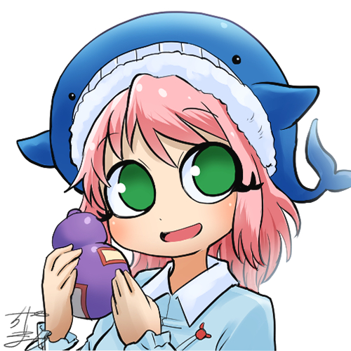 1girl animal_hat avatar_icon blouse blue_blouse blue_headwear blue_shirt chamaji check_commentary collared_blouse commentary_request eyebrows_visible_through_hair gourd hat holding long_sleeves looking_at_viewer lowres okunoda_miyoi open_mouth partial_commentary pink_hair shirt short_hair signature smile solo touhou upper_body whale_hat