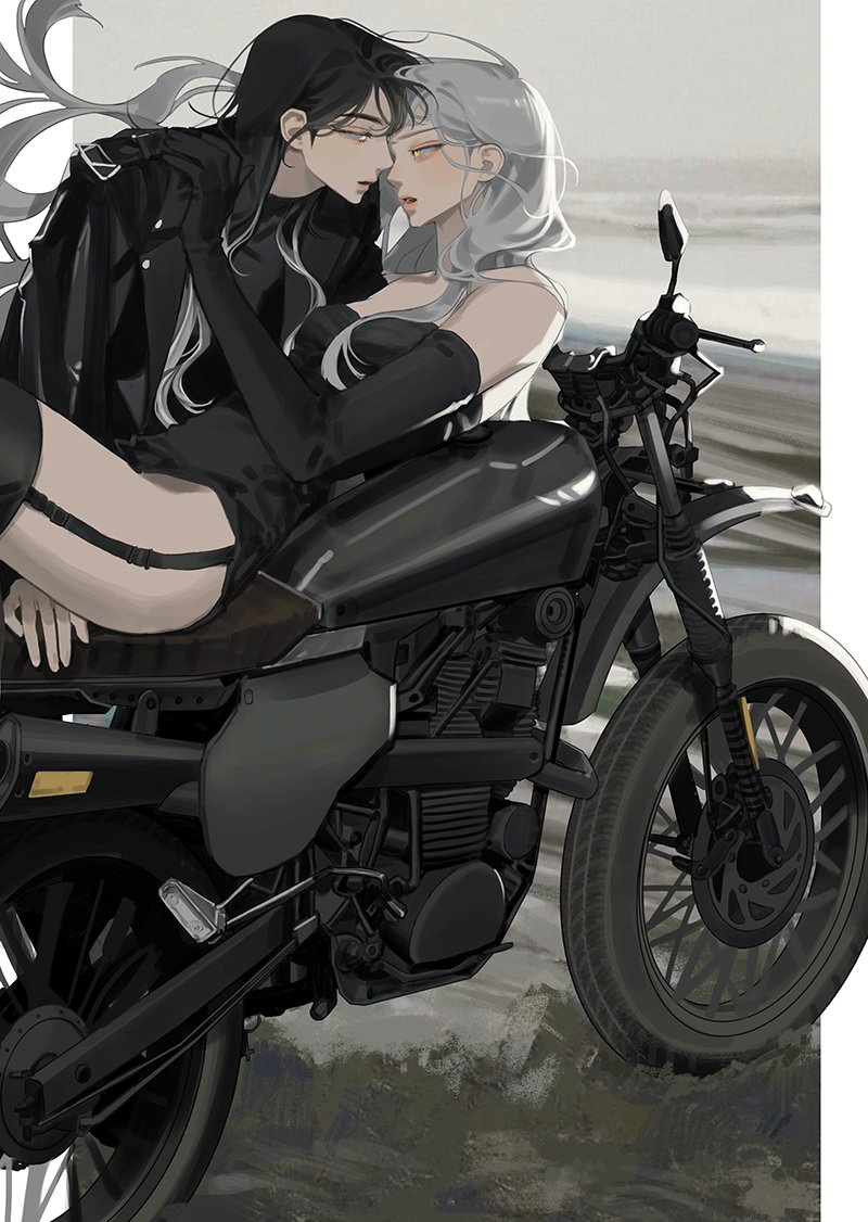 2girls bangs black_dress black_gloves black_hair black_jacket black_legwear black_shirt dress eriol_s2 gloves gradient_hair ground_vehicle hand_on_shoulder jacket lipstick long_hair lying makeup motor_vehicle motorcycle multicolored_hair multiple_girls on_back open_mouth original shirt silver_hair sleeveless sleeveless_dress thigh-highs yellow_eyes