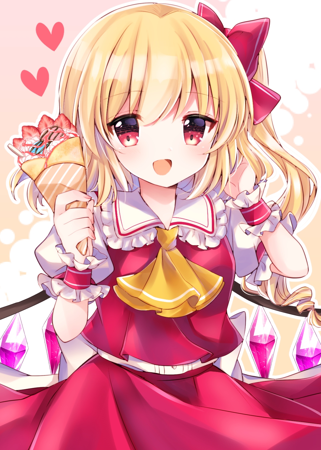 1girl :d arms_up bangs blonde_hair commentary_request cravat crepe eyebrows_visible_through_hair flandre_scarlet food frilled_shirt_collar frills fruit hair_ribbon hand_in_hair heart highres holding holding_food looking_at_viewer nagisa_shizuku no_hat no_headwear one_side_up open_mouth outline partial_commentary pink_background puffy_short_sleeves puffy_sleeves red_eyes red_skirt red_vest ribbon shirt short_hair short_sleeves skirt skirt_set smile solo standing strawberry touhou upper_body vest white_shirt wings wrist_cuffs yellow_neckwear