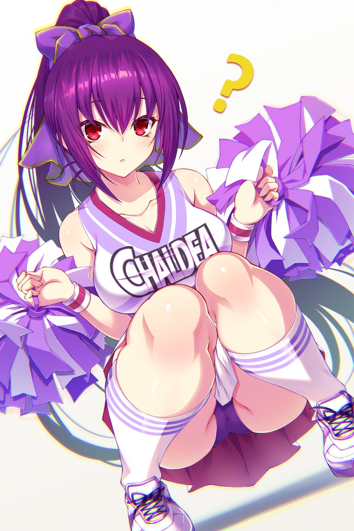1girl ? armpits bangs blush breasts cheerleader clothes_writing emanon123 fate/grand_order fate_(series) hair_between_eyes headpiece highres holding_pom_poms large_breasts looking_at_viewer miniskirt open_mouth panties pantyshot pleated_skirt pom_poms purple_hair purple_ribbon red_eyes ribbon scathach_(fate)_(all) scathach_skadi_(fate/grand_order) shirt shoes skirt sleeveless sleeveless_shirt sneakers solo squatting tiara underwear
