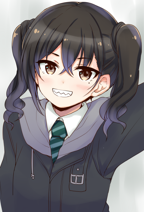 1girl bangs black_hair black_jacket blush brown_eyes collared_shirt diagonal-striped_neckwear diagonal_stripes drawstring eyebrows_visible_through_hair green_neckwear grey_background grin hair_between_eyes hood hood_down hooded_jacket idolmaster idolmaster_cinderella_girls jacket lockheart long_hair looking_at_viewer mole mole_under_eye reaching_out self_shot sharp_teeth shirt smile solo striped striped_neckwear sunazuka_akira teeth twintails upper_body white_shirt