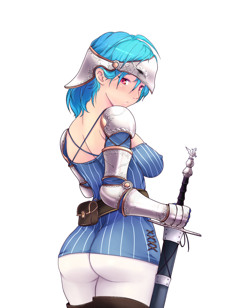 1girl ahoge aqua_hair arm_armor armor ass back bag bangs belt blue_hair blush boots breasts brown_footwear commentary_request gloves hair_between_eyes headwear holding holding_sword holding_weapon knight looking_at_viewer looking_back medium_breasts original pantyhose red_eyes revealing_clothes sheath sheathed shirosu short_hair shoulder_armor simple_background solo striped sword thigh-highs thigh_boots upper_body warrior weapon white_background white_legwear